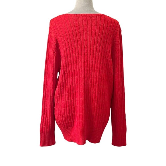 Red V-Neck Cable Knit Women's Sweater - Picture 3 of 10